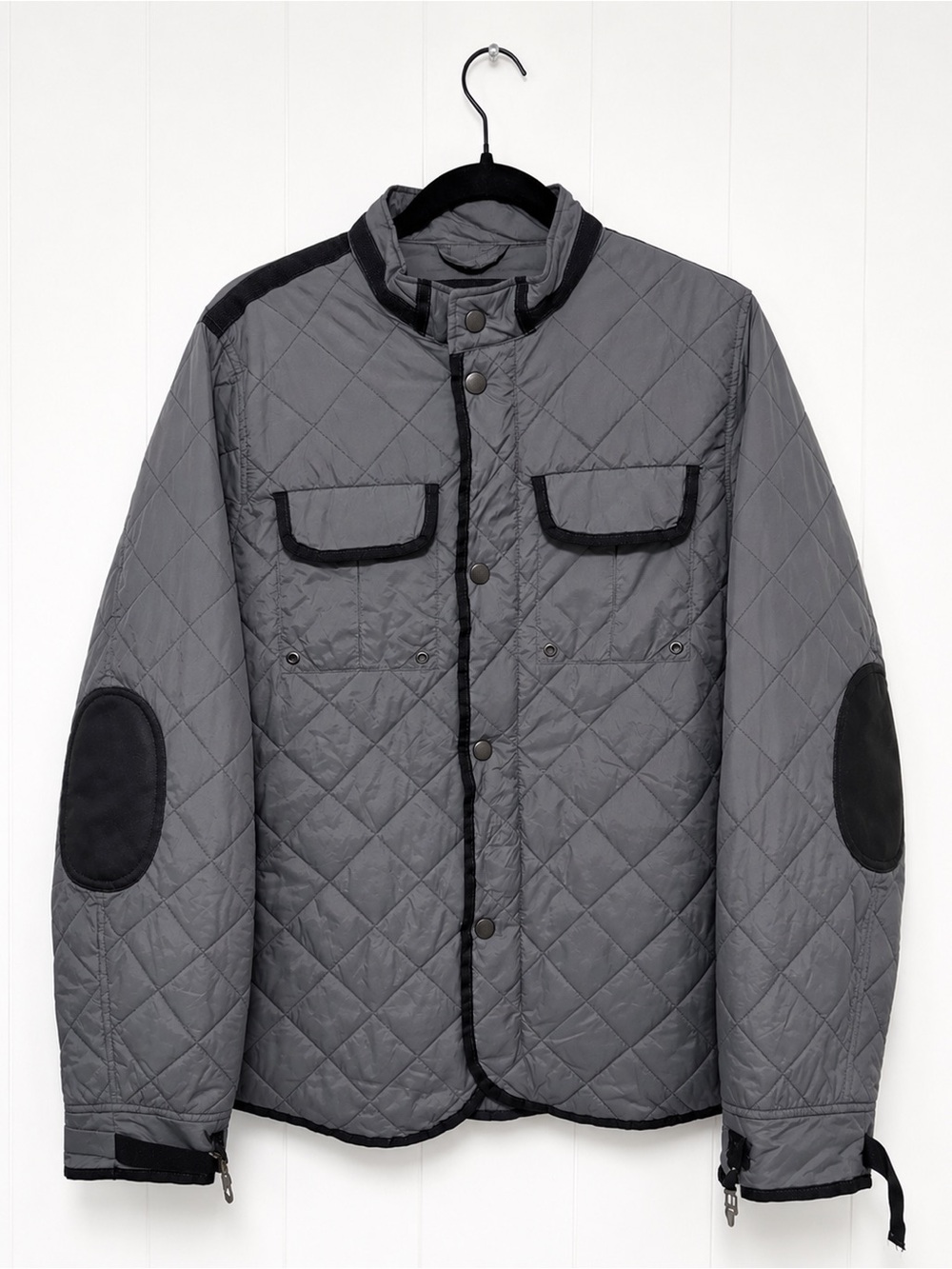 American Stitch Men’s Quilted Jacket Large Grey Elbow Patch Snap Zip Lightweight